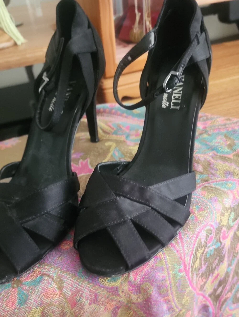 Vaneli Black Satin Crisscross Peep-Toe Ankle-Strap Heels